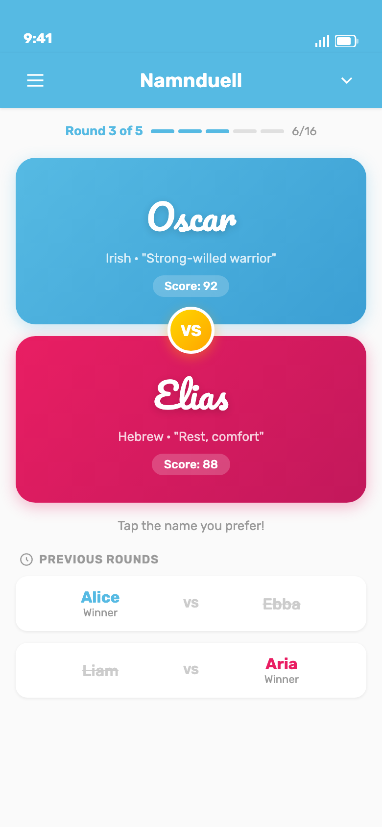 Torneo de batalla de nombres para encontrar el mejor nombre a través de enfrentamientos directos